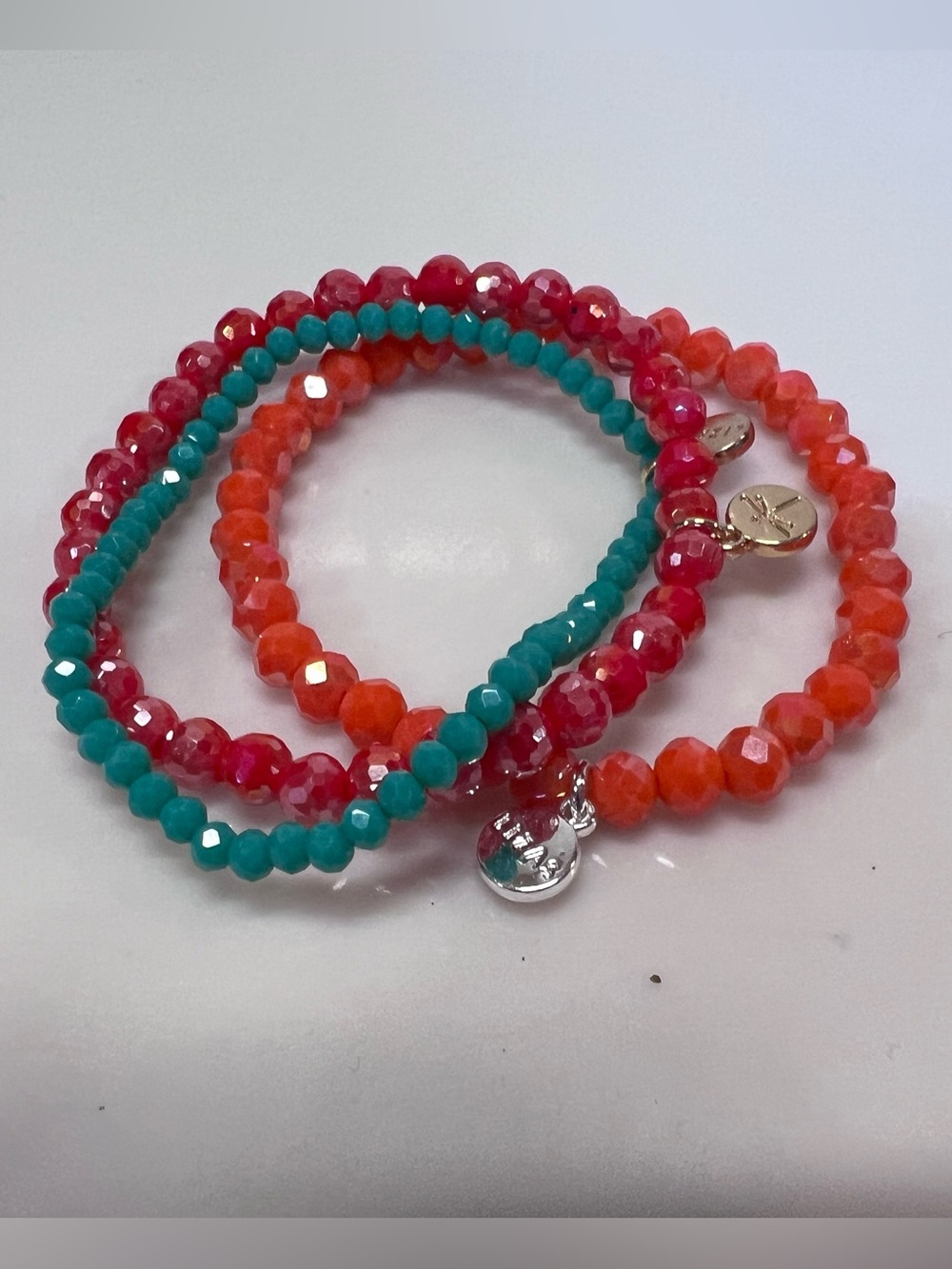 Faceted Beaded Stretch Bracelet Set in Pink, Orange & Teal
